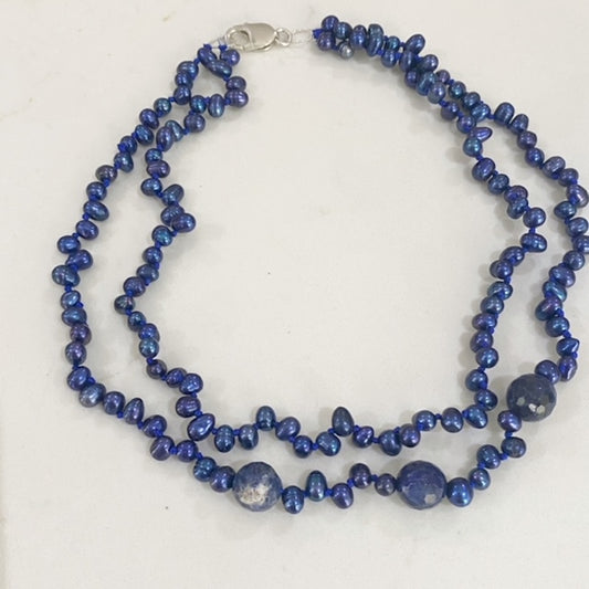 Classic Blue Double Strand Hand-knotted 17-inch Dancing Pearls necklace