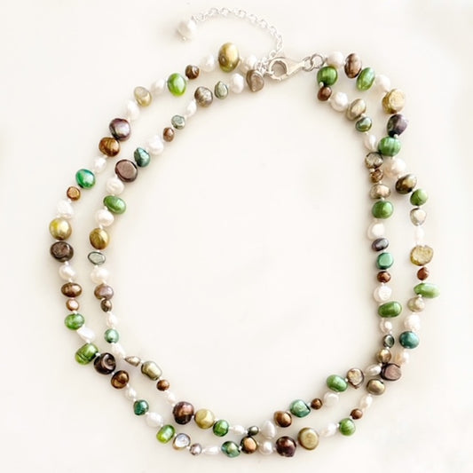 Top view double strand multi-coloured Gardenia-inspired white gold green brown pearl hand-knotted necklace