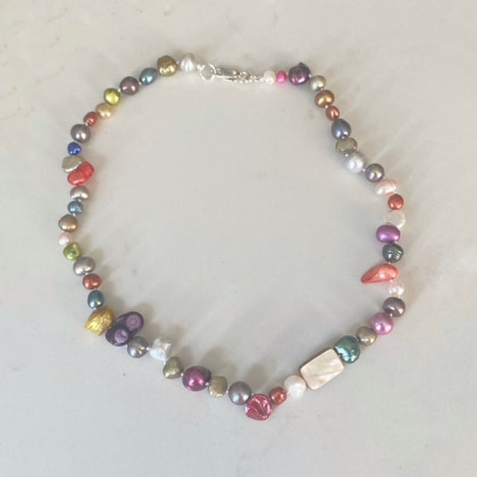 Top view knotted multi-coloured dyed freshwater pearl 17-inch necklace sterling clasp