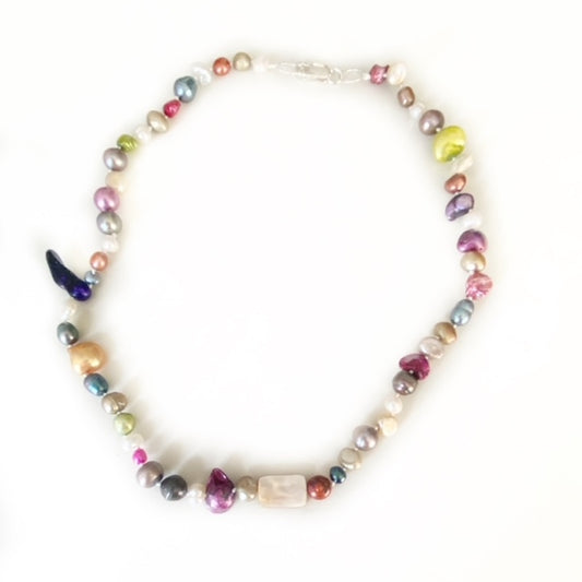 Top view 18-inch Multi-coloured knotted dyed Freshwater pearl necklace