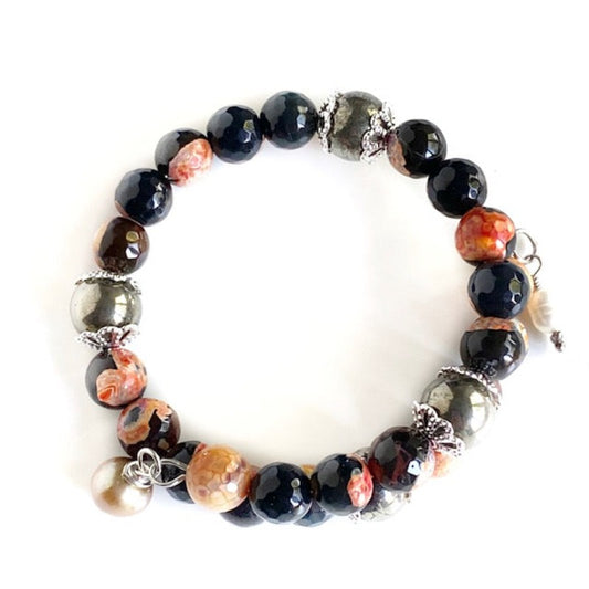 Mottled orange-black agate pyrite Honour memory coil overlapping bracelet