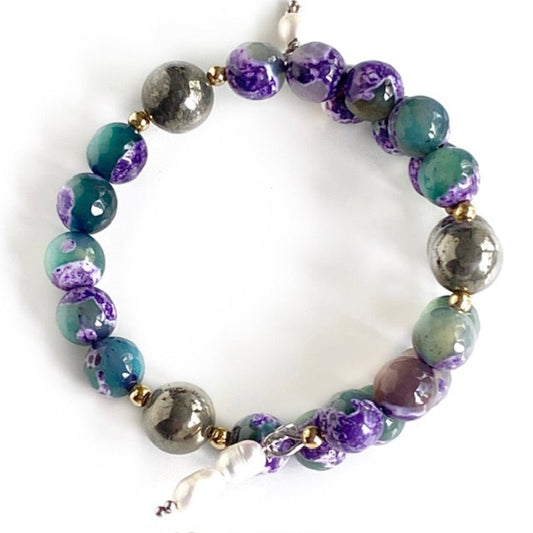 Purple-green Mottled Agate Pyrite Overlapping Lotus memory coil bracelet