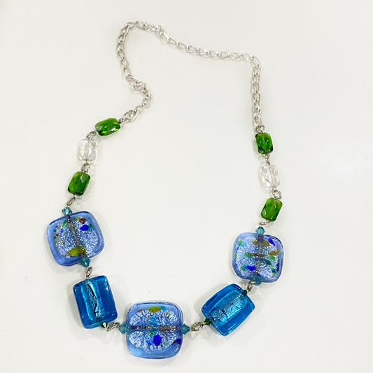 Wire-wrapped Blue Foil Glass Necklace