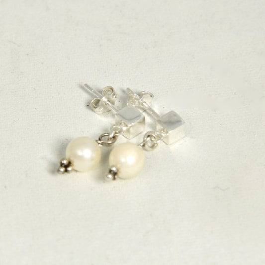 Cream Pearl Single Drop Square Stud Earrings Top View