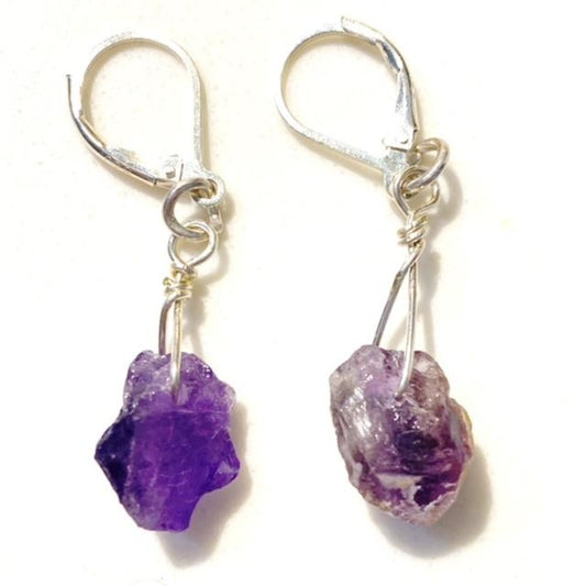 Rough Organic Amethyst Chunk Nugget Earrings with Sterling Silver Lever Backs Top View