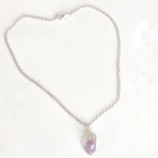 Amethyst rugged organic 7/8 inch spike pendant on silver-plated 18 inch chain top view