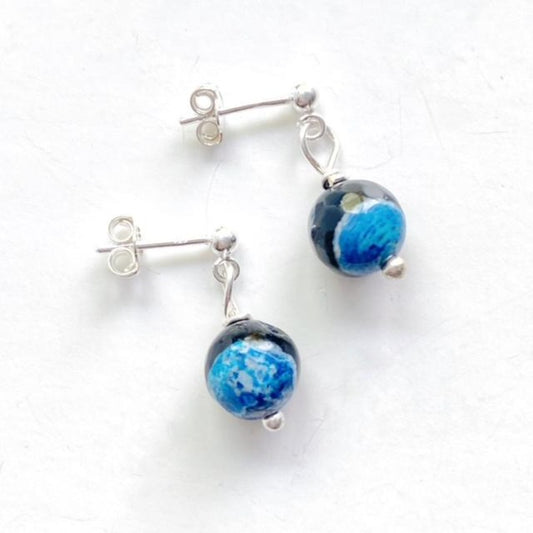 Blue-black Swirled Agate Sterling Silver Stud style Earrings Top View