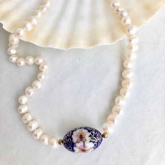Blue Cloisonné Bead  Knotted White Pearl 16 Inch Choker shown on shell display