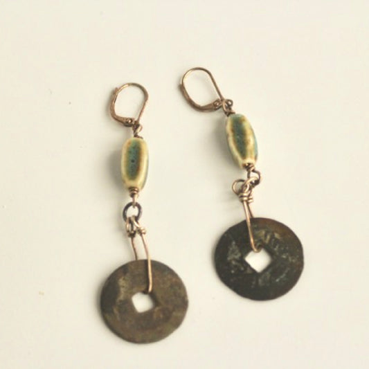 Authentic Antique Chinese Coin Ceramic Bead Long Statement Dangling Earrings
