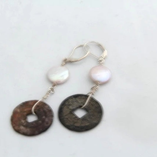 Chinese Coin and Pink Coin Pearl Earrings Top View
