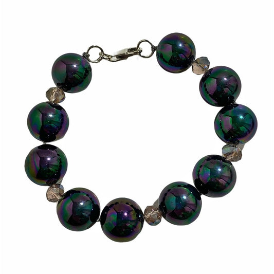 Large Bold Chunky Inky Black Peacock 5/8" Agate 9 Inch Hand-knotted Bracelet Top View