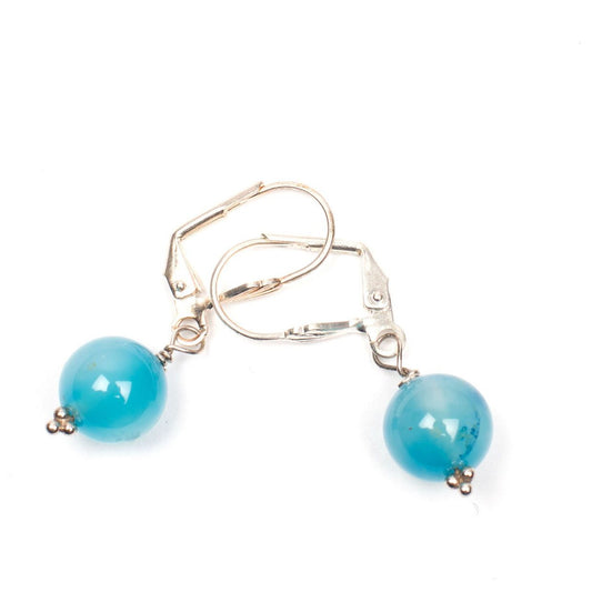 Pale Blue 1/4" Agate Single Drop Earrings on Scallop motif Silver-plated Lever Backs Top View