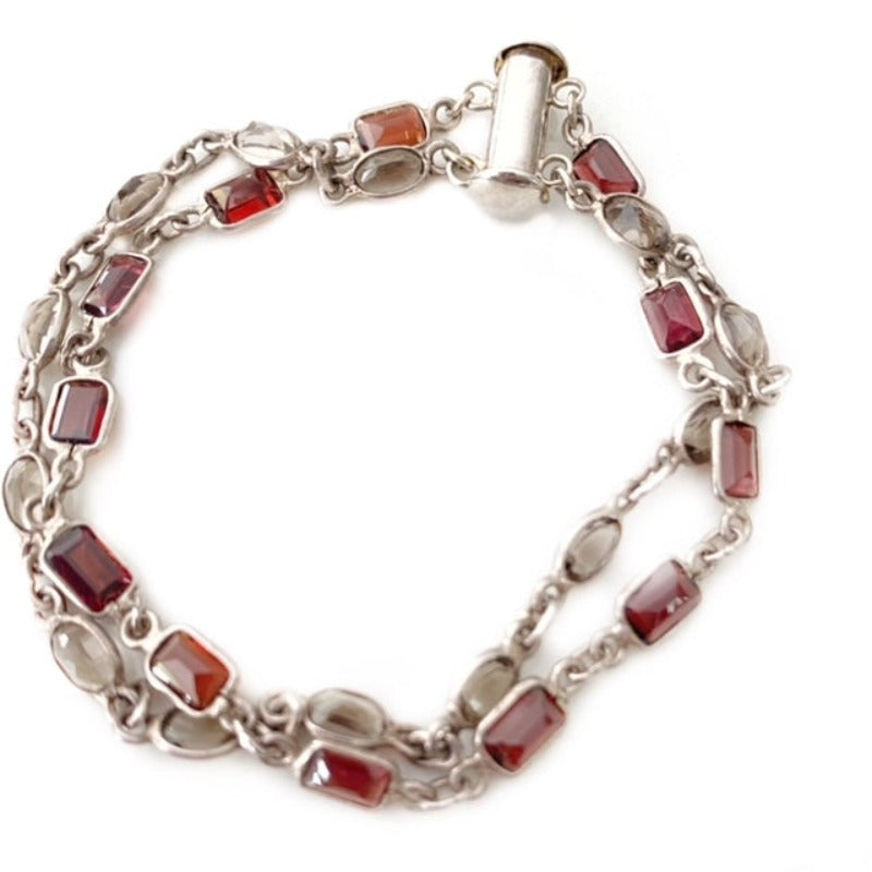 Double Strand Silver Topaz and Garnet 7-inch Link Chain