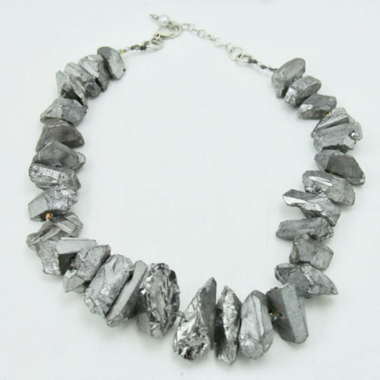 Chunky Silver Electroplated Quartz Statement Power Necklace