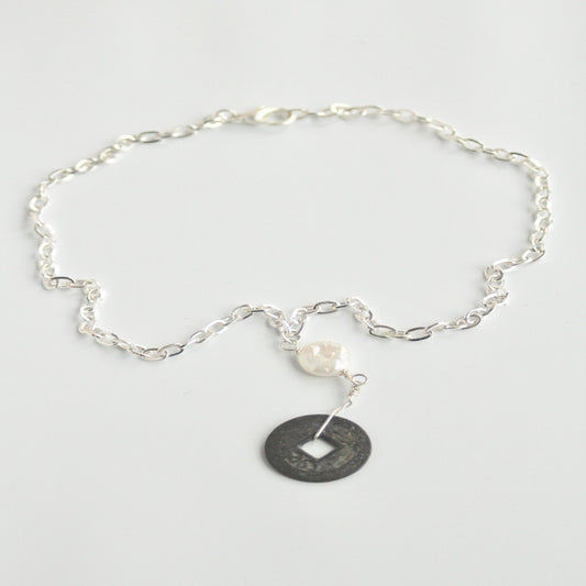 White Coin Pearl Antique Chinese Coin Statement Pendant on Silver-plated Chain