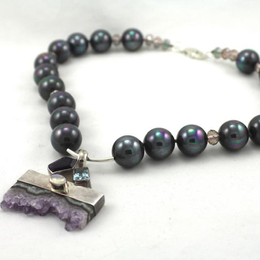 Inky Iridescent Peacock Shell Pearl and Agate Focal "Woman in Motion" Necklace