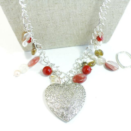Long 32" Chain Necklace with Wire-wrapped Semiprecious Beads and Pearls Closeup View