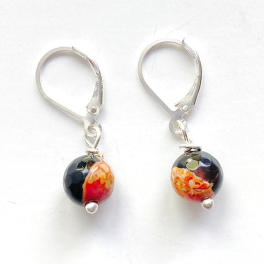 Orange-black Swirled Agate Sterling Silver Leverback Earrings Top View