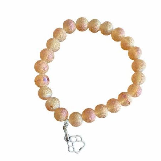 Gold Crystal Matte Bead Elastic Stretch Pet Bracelet with Open Paw Charm Top View