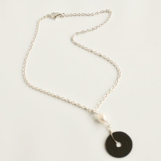 White Potato Pearl Antique Chinese Coin Pendant Silver Chain Flatlay