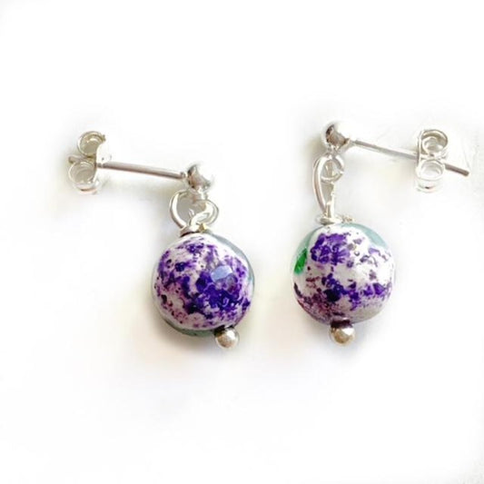 Purple Green Mottled Agate Wire-wrapped Sterling Silver Stud Earrings Top View