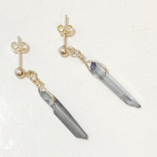 Slim lavender electroplated spike statement earrings sterling silver stud 1" earrings top view