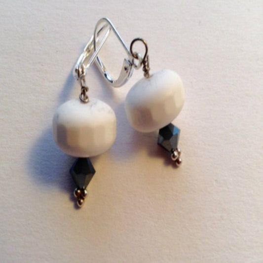 White Agate Earrings with Dark Brown Crystal Accents