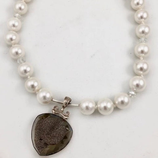 White Shell Pearl Necklace with Silver Gray Heart Drusy Motion Pendant Flatlay