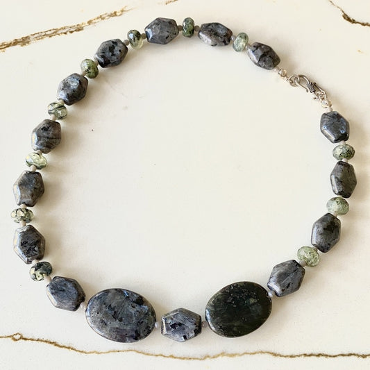 Beaded single strand faceted bead 18-inch Labradorite necklace with S-hook closure Top view