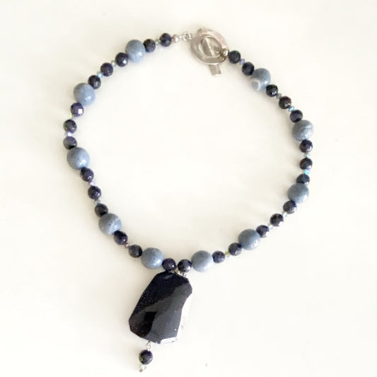 Chunky beaded sodalite blue goldstone necklace with large facted 2"  Blue Goldstone pendant 