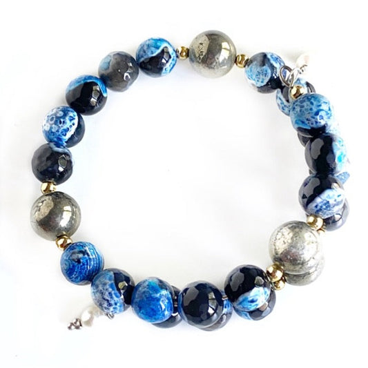 Blue-black mottled agate pyrite memory coil overlapping bracelet