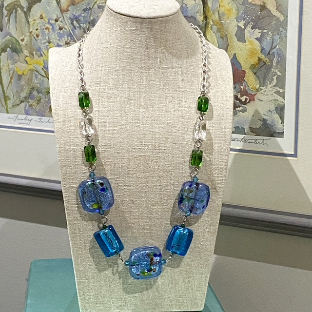 Wire-wrapped Blue Foil Glass Necklace