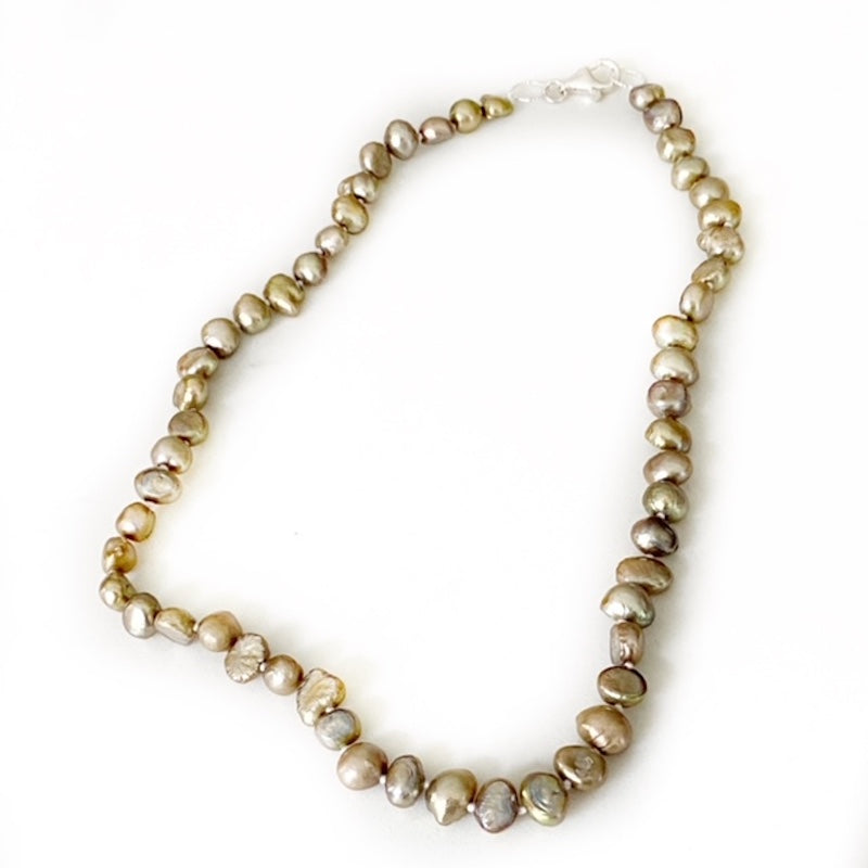 Top view of the 16 inch hand-knotted bronze colour freshwater pearl necklace