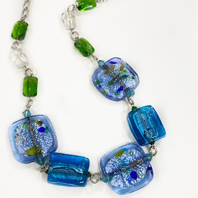 Wire-wrapped Blue Foil Glass Necklace