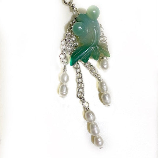 Carved Green Agate Koi Fish pendant with Pearl chain accents Closeup