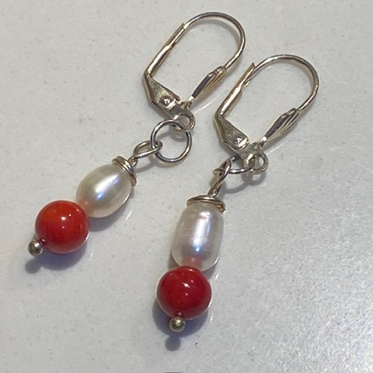 Dual drop white pearl red lacquer bead 1-inch dangling earrings on silver-plated lever-back ear wires