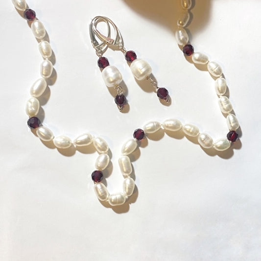 Garnet and white freshwater pearl necklace and matching earrings duo bundle set