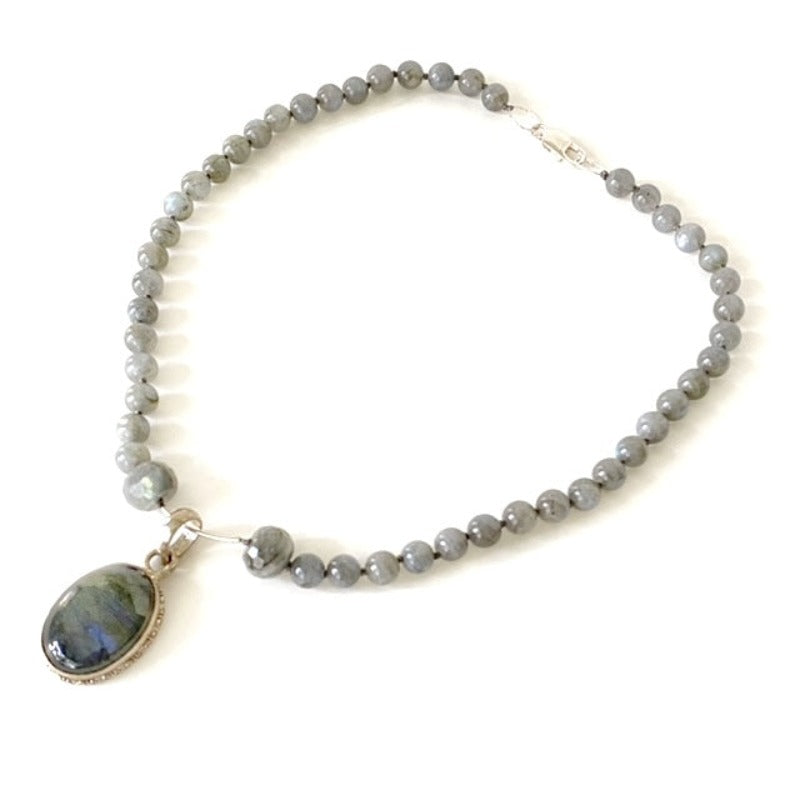 Grey Labradorite Sliding Pendant Knotted 18-inch necklace 3/4 view