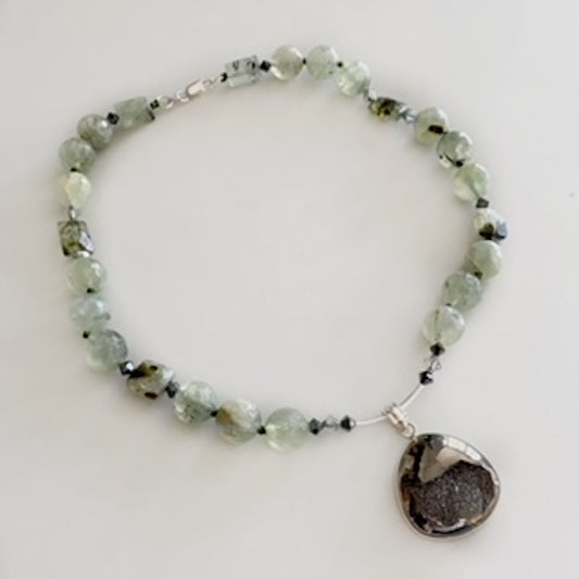 Hand-knotted green Prehnite bead Austrian crystal 18-inch necklace with moving black Drusy pendant  Top view