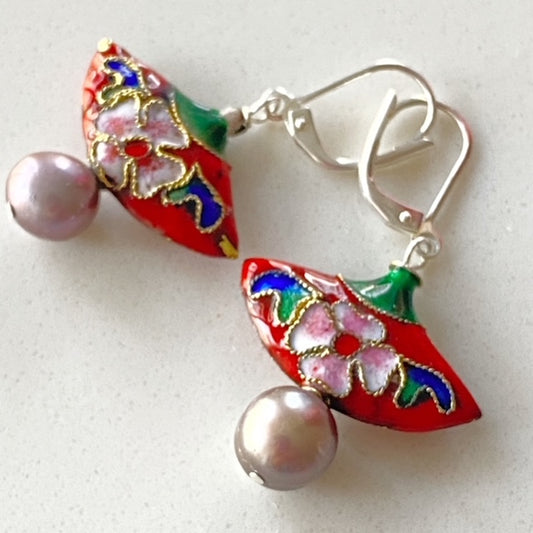 Stunning red metal fan-shaped cloisonné bead and silver grey freshwater pearl earrings on stainless steel lever-back earwires top view 