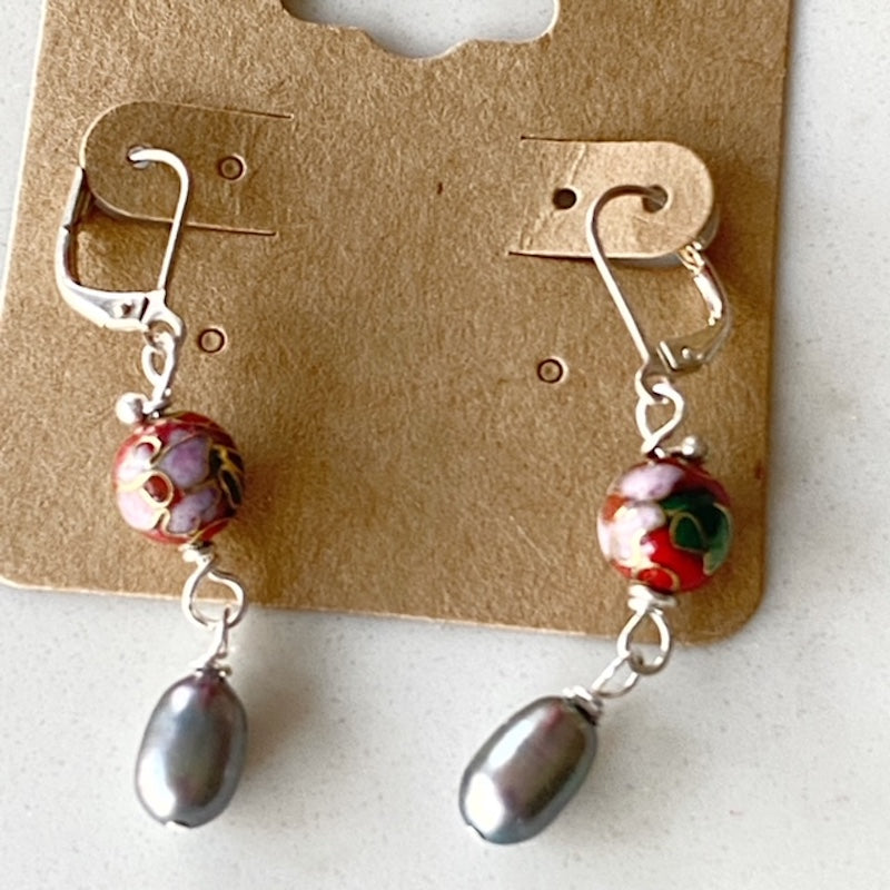 Round red cloisonne earrings with dangling grey freshwater pearls stainless steel ear-wires on earring display card
