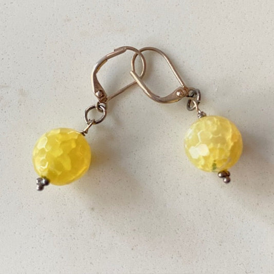 Bright lemon drop yellow semiprecious agate earrings on silver-plated ear wires
