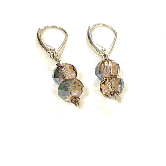 Facetted Iridescent Double Crystal Green Taupe Drop 1/2" Earrings on Sterling Silver Lever Backs