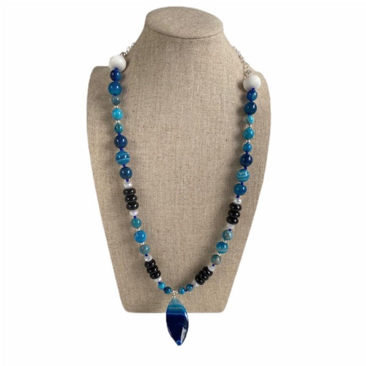 26 Inch long semiprecious Blue and White Agate  Black Onyx Necklace