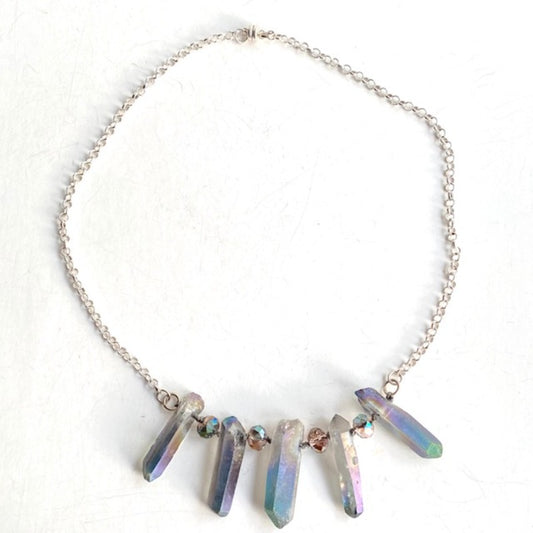 Lavender Electroplated Quartz Iridescent Crystal Spike Fantasy Necklace Top View