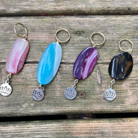 Your Choice of Individual Agate Lotus Sanctuary Keychains in Pink,Blue, Purple, Brown