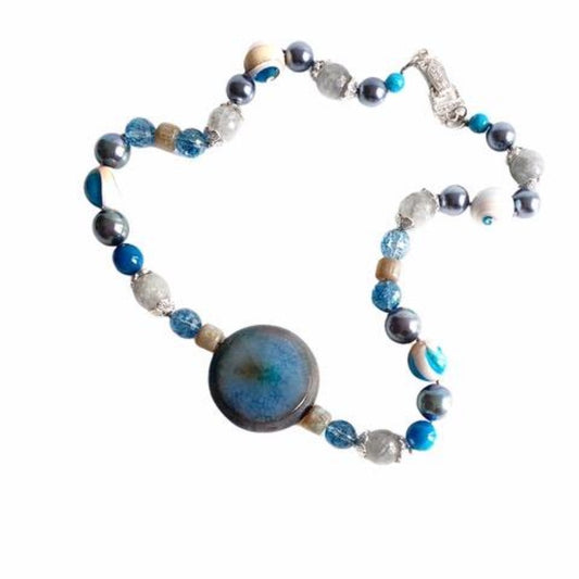 Chunky 22" Agate Necklace with Shell Resin Beads Blue Accent Crystals