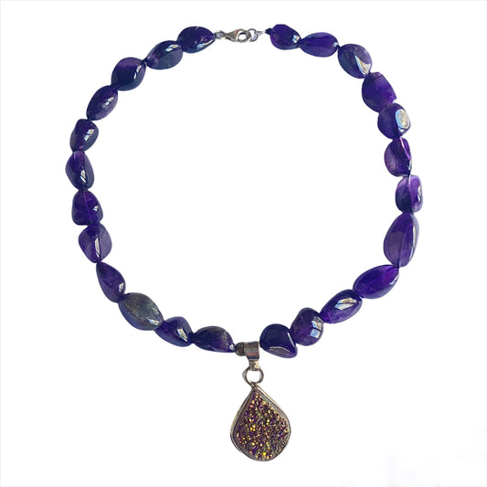 Amethyst Queen Chunky Hand-knotted Necklace with Sparkling Teardrop Drusy Pendant