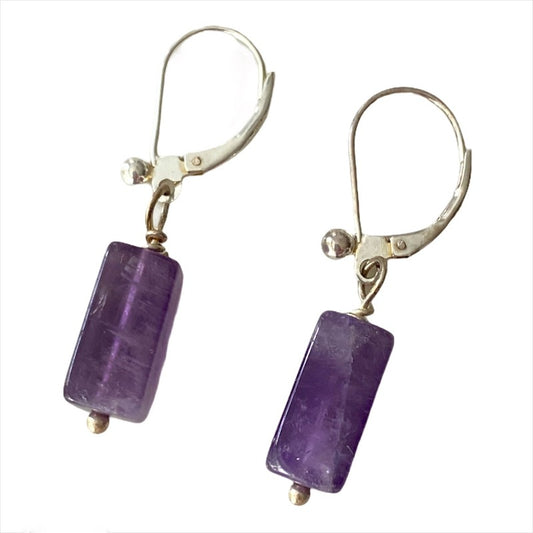 Slim amethyst earrings Sterling Silver Lever backs Top View