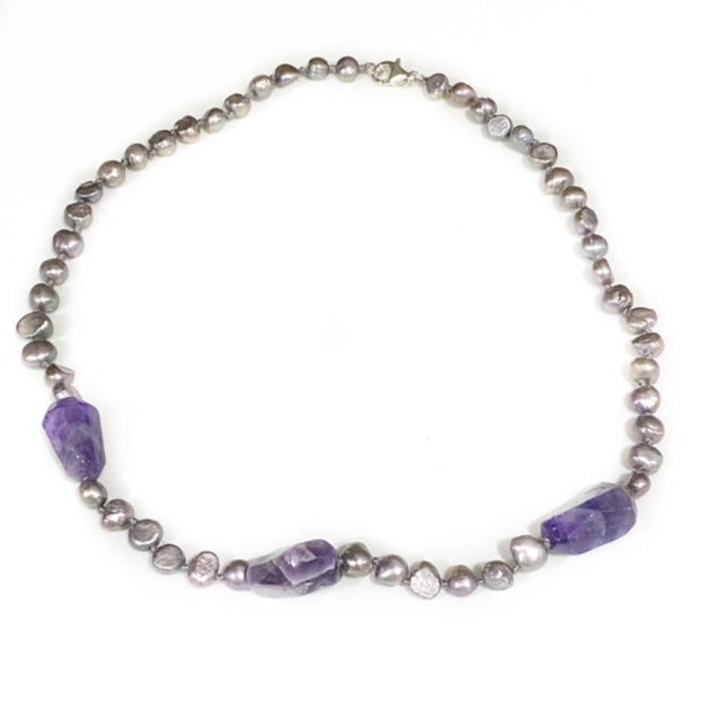 Amethyst Nuggets Lavender Freshwater Pearls 19-inch hand-knotted necklace with sterling clasp